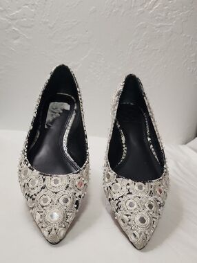 Tory Burch Silver Embellished Pointed Toe Flats